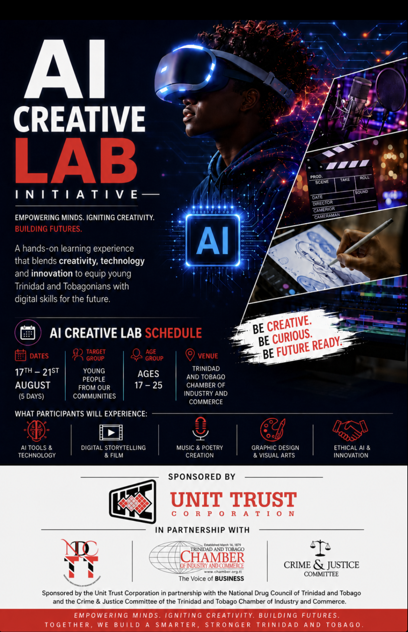 AI Creative Lab poster featuring a young Trinidad and Tobago creator using immersive technology
